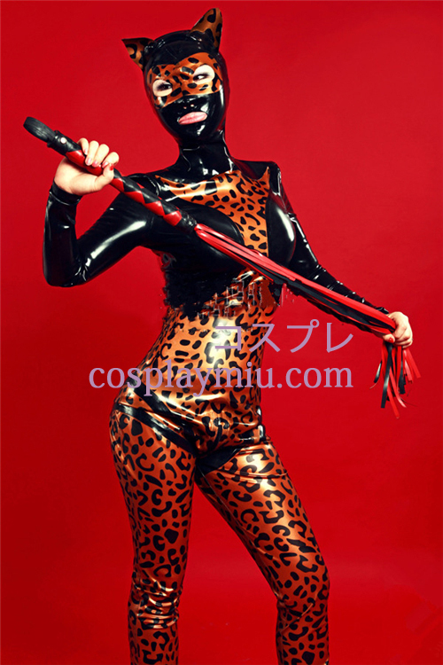 Noir et léopard Latex Catsuit avec les yeux ouverts et la bouche