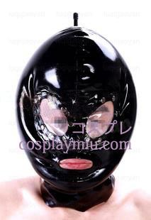 SHINY BLACK Deux couches latex Masque avec des yeux transparents et bouche ouverte