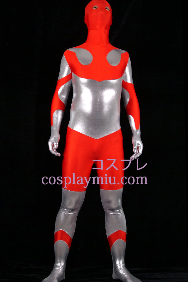 Rouge Lycra Spandex et argent brillant métallique unisexe Zentai Suit