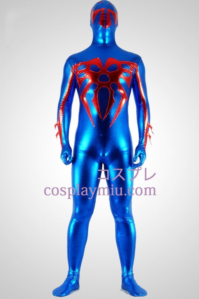 Brillant Blue Metallic et araignée rouge de super héros Zentai Suit