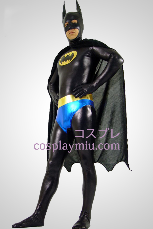 Shiny Metallic Black Batman Zentai Suit Avec Cap Noir
