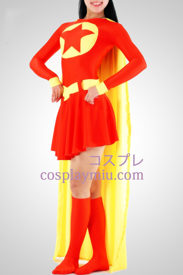 Rouge Et Jaune Super femme Lycra Superhero Combinaison