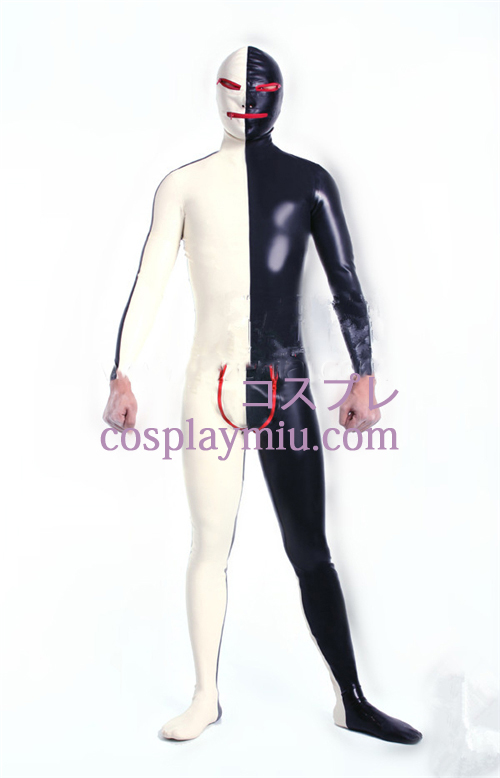 Noir Blanc Lycra Spandex Zentai Suit avec les yeux ouverts et la bouche
