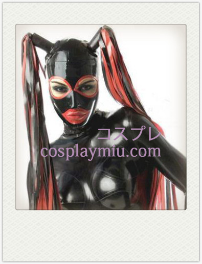 Shiny Black Femme Double queue latex masque avec les yeux ouverts et la bouche