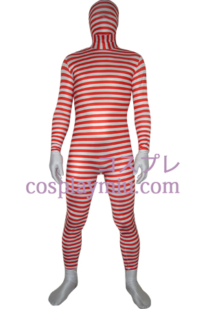 Rouge rayé blanc Lycra Spandex Zentai Suit