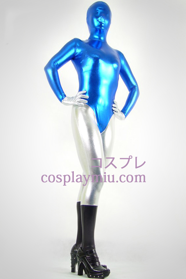 Bleu Noir et argent métallique brillant Zentai Suit