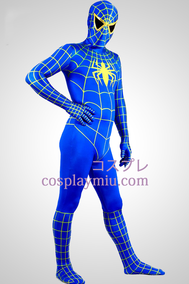 Bleu et jaune Lycra Spandex Zentai Spiderman Superhero